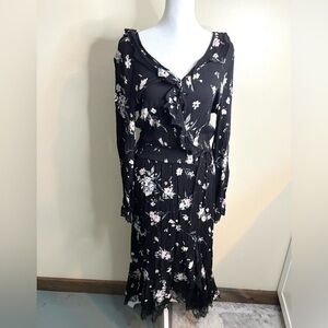 American Rag Floral Black Midi Dress Cottagecore Peasant Boho Lace Trim